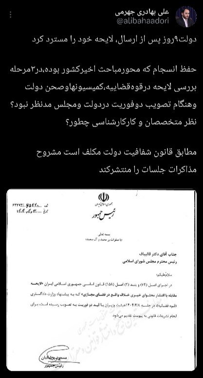 تداوم واکنش ها به استرداد لایحه فضای مجازی / سخنگوی دولت سیزدهم عصبانی شد 2