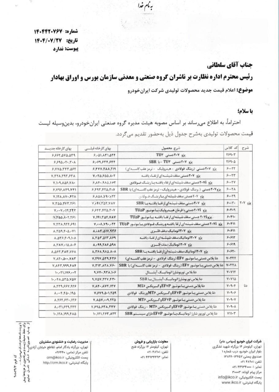 قیمت جدید محصولات ایران خودرو اعلام شد + جدول 2