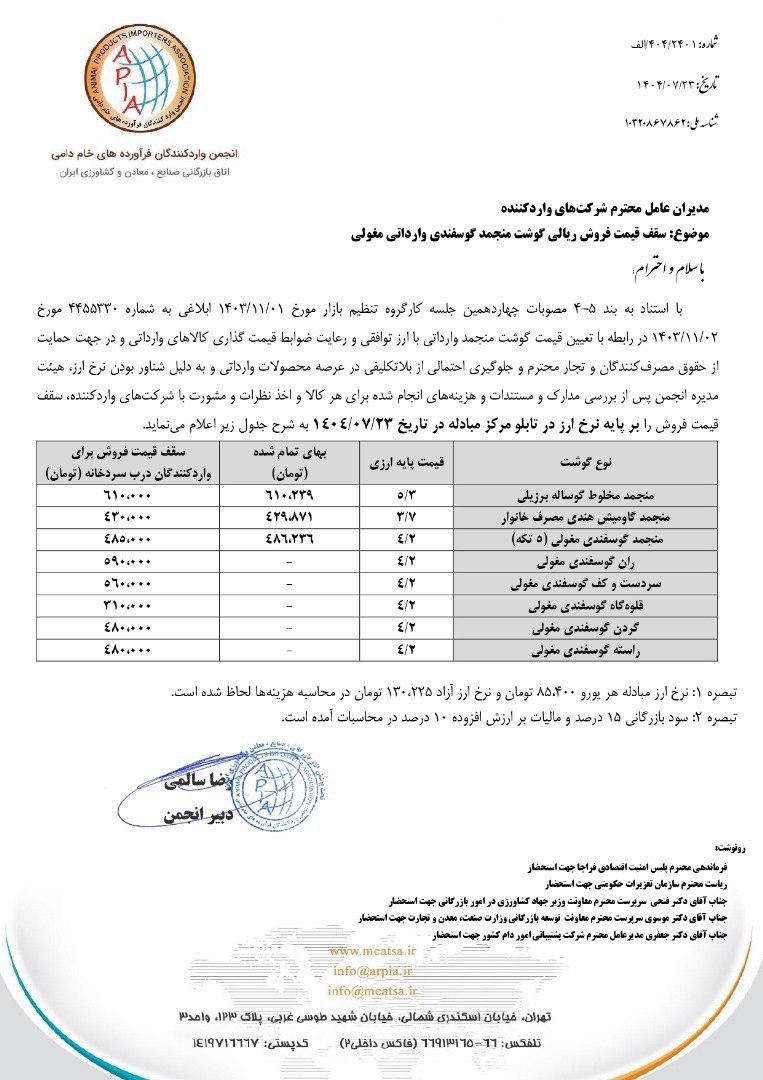 اعلام قیمت گوشت وارداتی + جدول 2