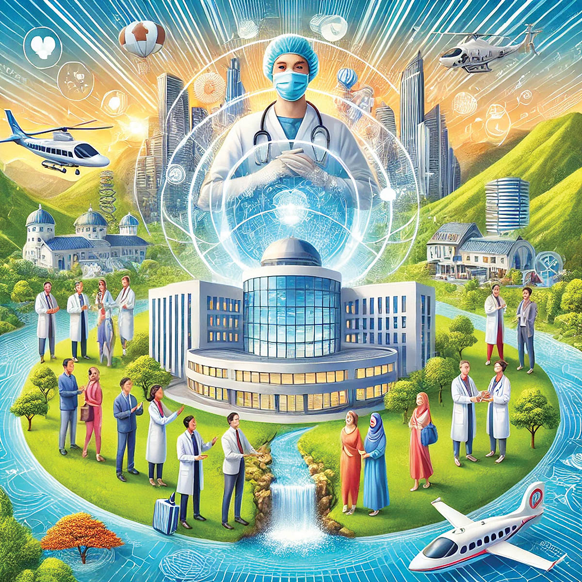 DALL·E 2025-01-25 15.30.55 - A vibrant and dynamic illustration of health tourism_ combining elements of modern healthcare and travel. The image includes a futuristic hospital sur copy
