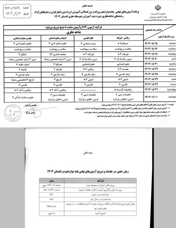 برنامه آزمون‌های نهایی پایه دوازدهم اعلام شد 2