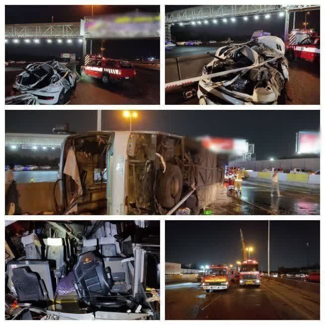 اولین تصاویر از واژگونی مرگبار اتوبوس گردشگران روی پژو ۲۰۷ در کرج/ عکس
