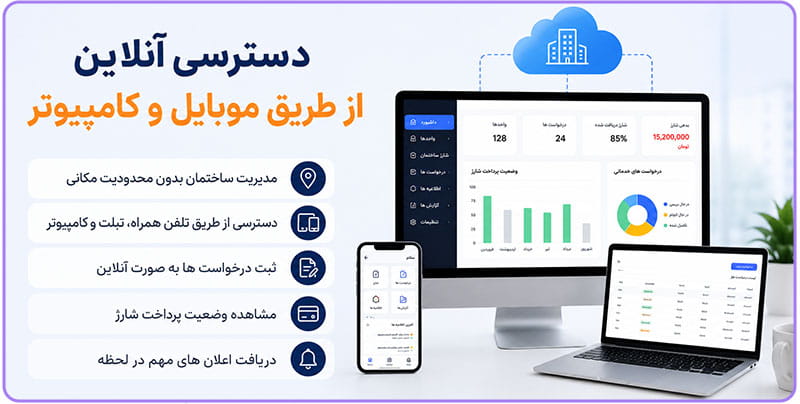 دسترسی آنلاین از طریق موبایل و کامپیوتر در نرم افزار مدیریت ساختمان