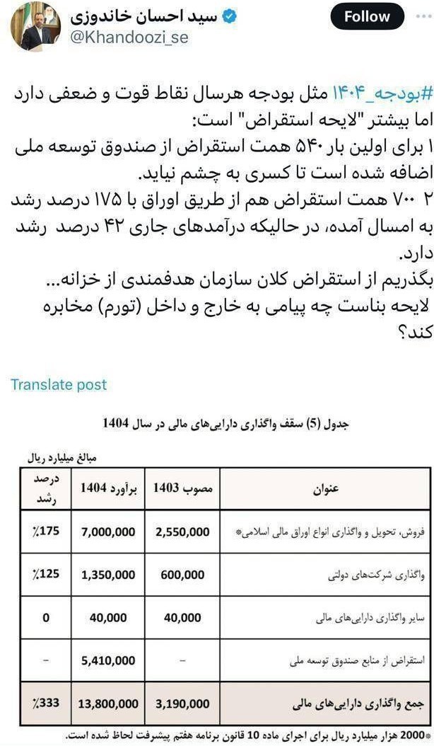 توئیت انتقادی وزیر اقتصاد دولت سیزدهم درباره لایحه بودجه 1405 + عکس 2