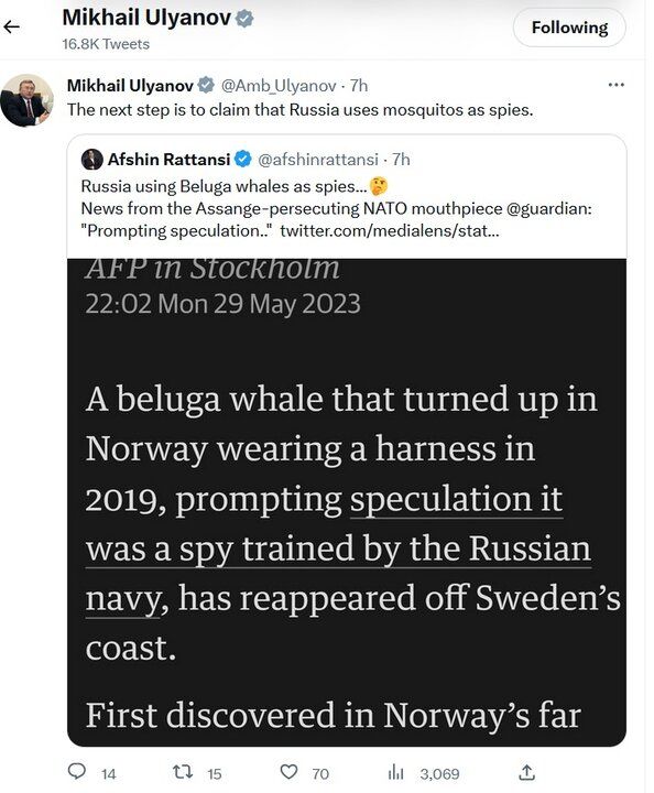 واکنش اولیانوف به گزارش‌ها درباره «نهنگ جاسوس روس»!