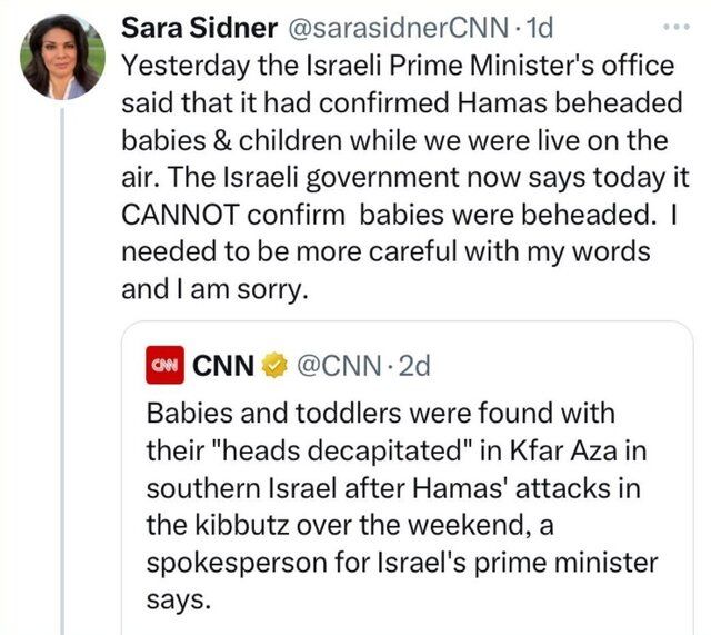 عذرخواهی خبرنگار سی‌ان‌ان از انتشار اخبار کذب در رابطه با سربریده شدن کودکان توسط حماس