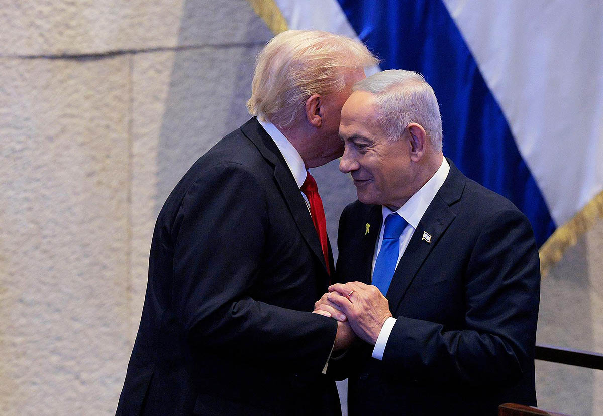 President Donald Trump talks with Israel_s Prime Minister Benjamin Netanyahu at the Knesset_ Israel_s parliament_ Monday_ Oct. 13_ 2025_ in Jerusalem copy