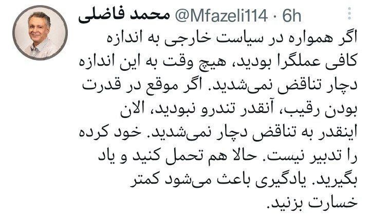 کنایه محمد فاضلی به تندروها: یاد بگیرید تا کمتر خسارت بزنید 2