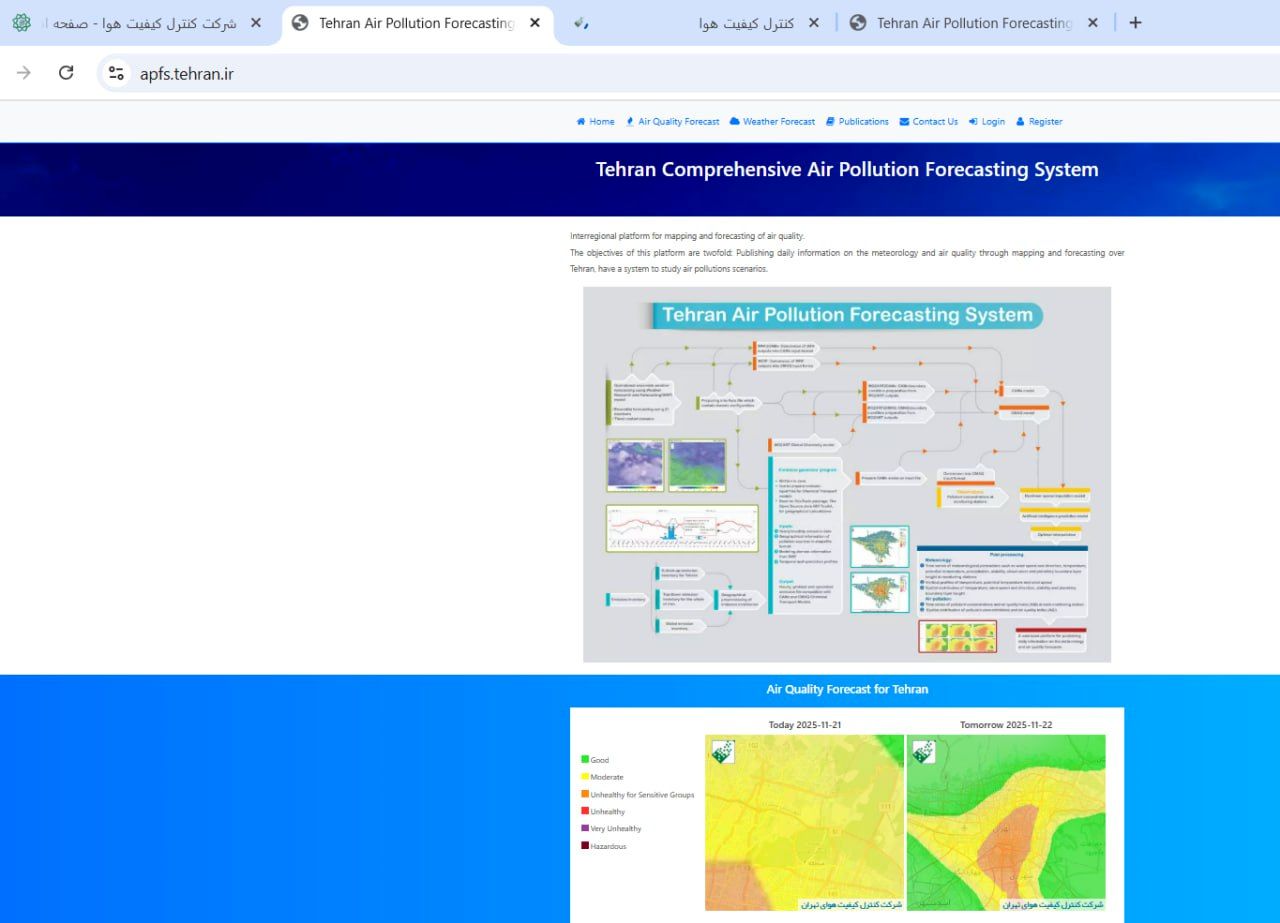 حذف زبان فارسی از سایت «پیش‌بینی آلودگی‌هوای تهران»