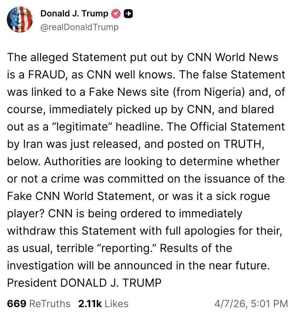 ترامپ: سی‌ان‌ان کلاهبردار دروغ می‌گوید، من بیانیه عراقچی را بازنشر کردم
