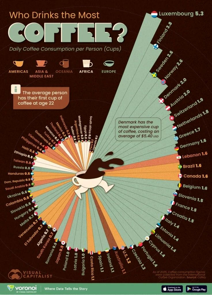 معرفی 30 کشور پیشتاز در مصرف سرانه قهوه / کدام کشور در رتبه اول است؟/ در این کشورها اصلا قهوه نمی خورند!+ اینفوگرافی 2
