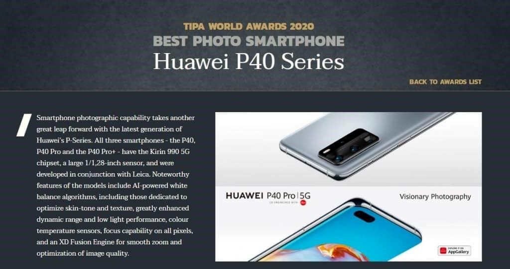 انجمن TIPA عنوان «بهترین دوربین عکاسی» را به گوشی‌های سری Huawei P40  اعطا کرد