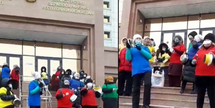 تجمع گروهی از زنان قزاق علیه واکسیناسیون کرونا