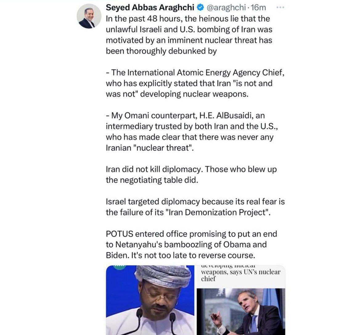 واکنش توئیتری عراقچی به اظهارات اخیر گروسی و وزیر خارجه عمان / هنوز برای اصلاح مسیر دیر نشده است 2