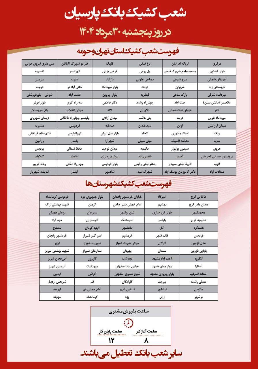 فهرست شعب کشیک بانک پارسیان در روز پنج‌شنبه مورخ 30 مردادماه