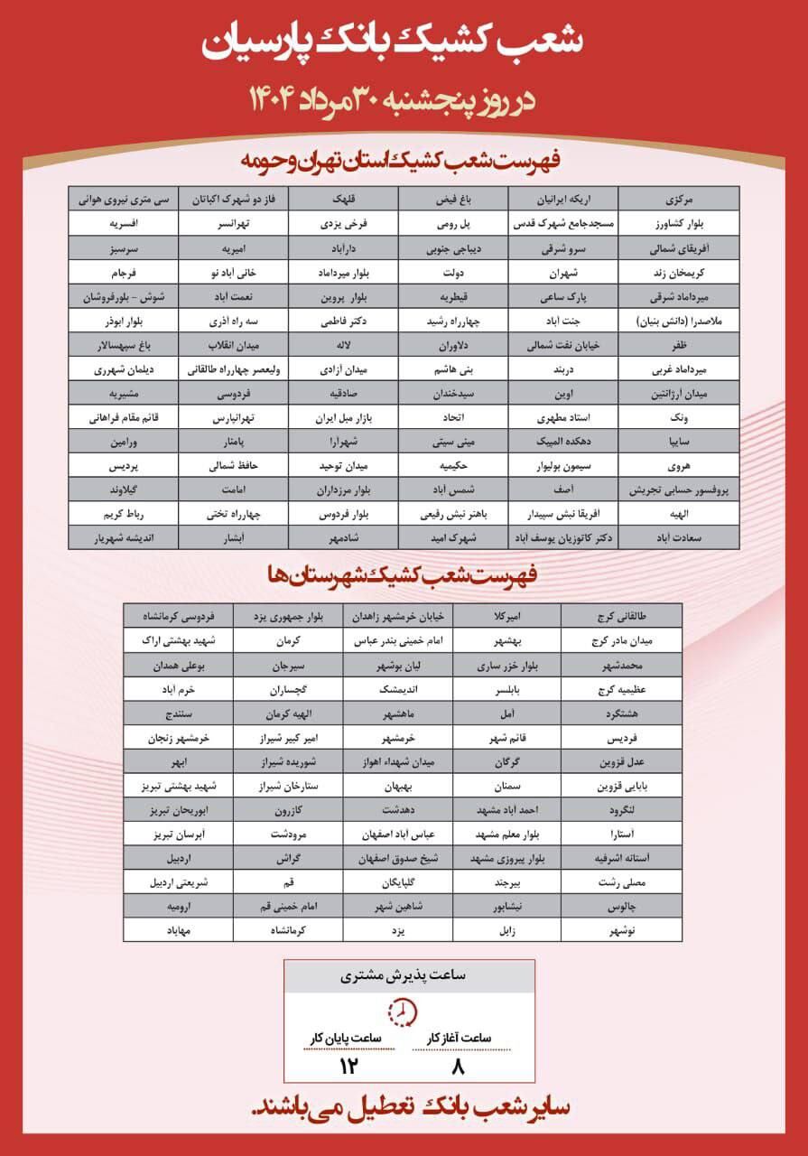 فهرست شعب کشیک بانک پارسیان در روز پنج‌شنبه مورخ ۳۰ مردادماه