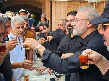 تصاویری از همراهی مداحی معروف با علی لاریجانی در مسیر کربلا
