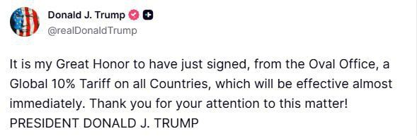 فرمان اعمال تعرفه ۱۰ درصدی بر همه کشور‌ها را امضا کردم تا بلافاصله اجرایی شود