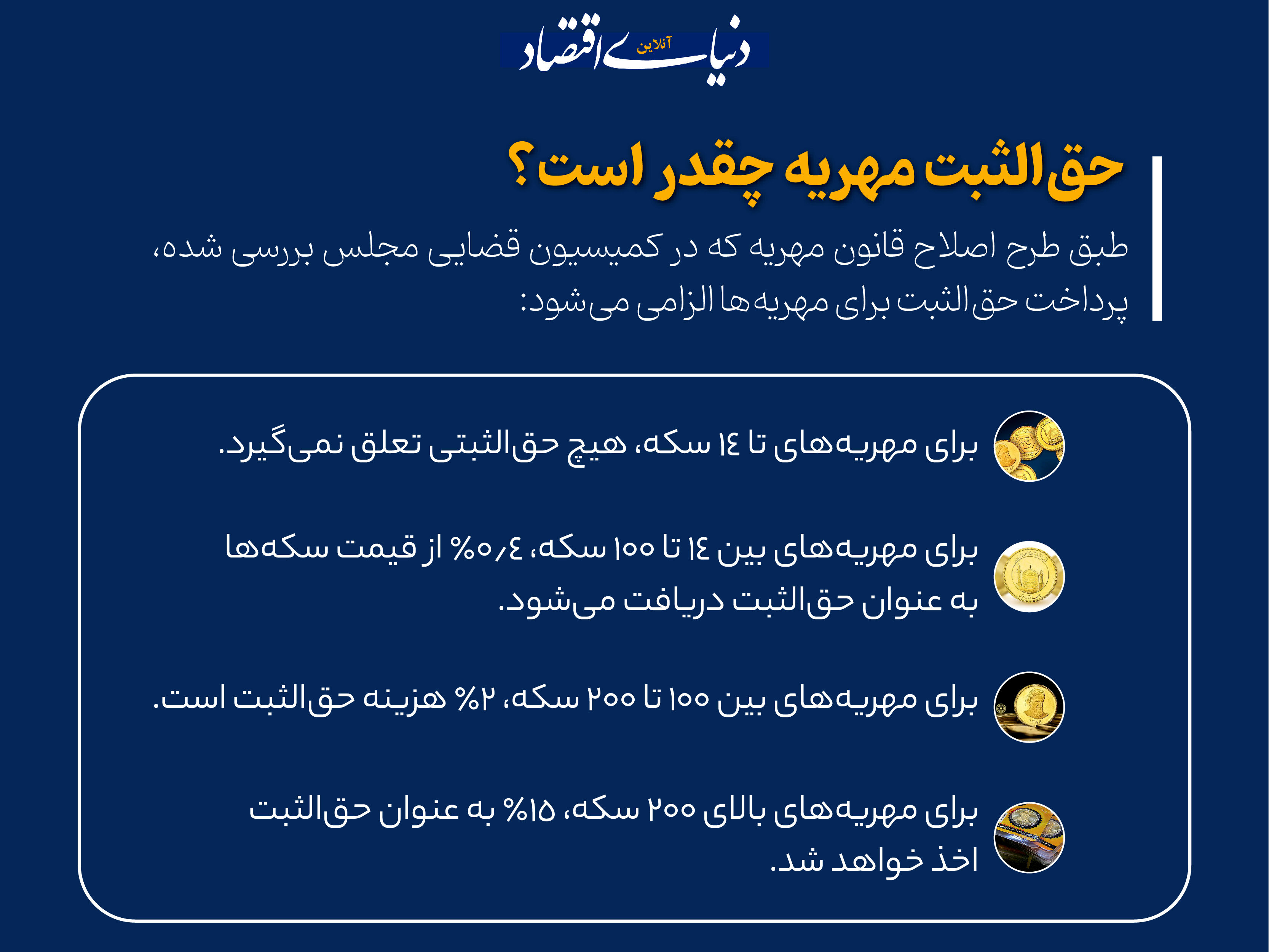 جزئیات جدید حق‌الثبت مهریه؛ معافیت، فقط زیر 14 سکه