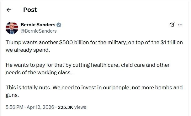 سندرز: ترامپ ۵۰۰ میلیارد بودجه نظامی بیشتر می‌خواهد، این دیوانگی است
